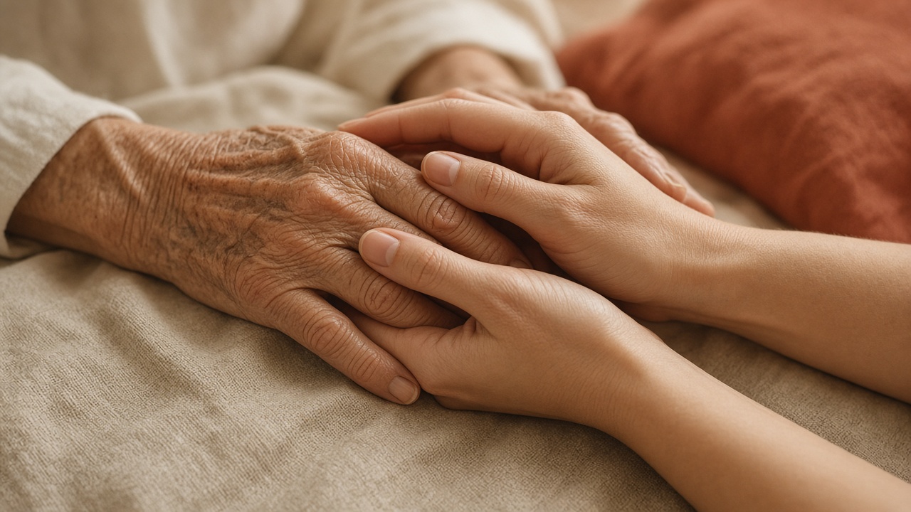 An older adult’s hands held in care